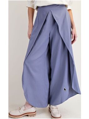 Easel Blue grey Linen Stretchy Waist Wide leg Tulip pants